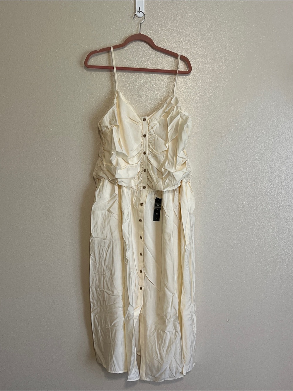 Cream Button-Front Spaghetti Strap Midi Dress
